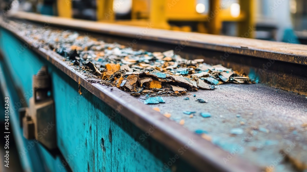 Poster A close-up of a worn conveyor belt showing damage and debris, signaling the need for maintenance to ensure that manufacturing processes continue without delay.