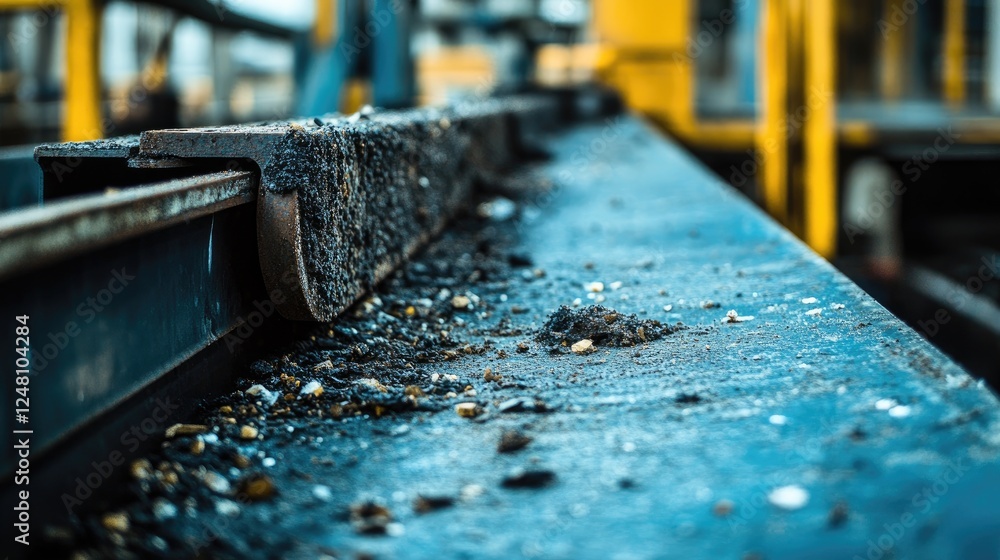 Poster A close-up of a worn conveyor belt showing damage and debris, signaling the need for maintenance to ensure that manufacturing processes continue without delay.