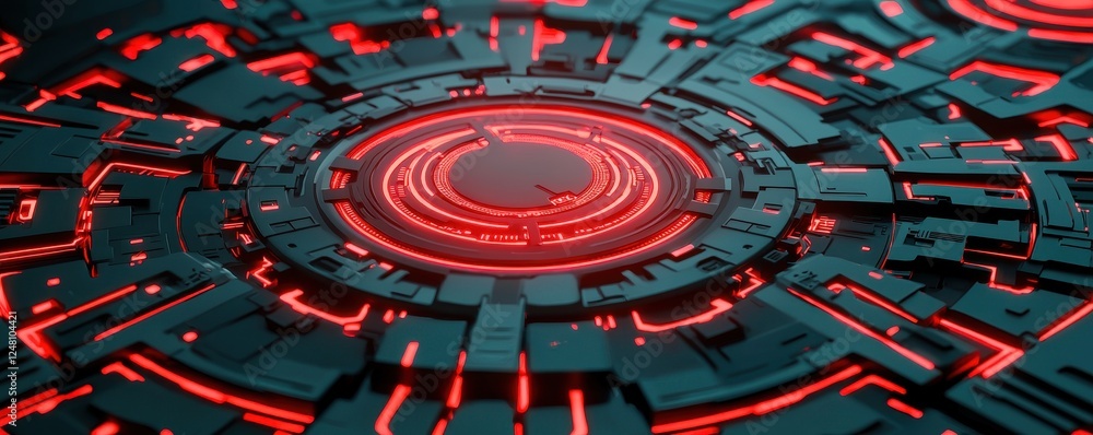 Poster futuristic circular design with glowing red lights on a dark background.