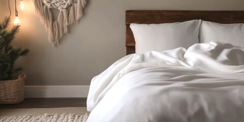 Cozy bedroom interior with white bedding and natural decor in warm lighting