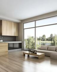 Modern living room with large windows overlooking a green landscape during daylight