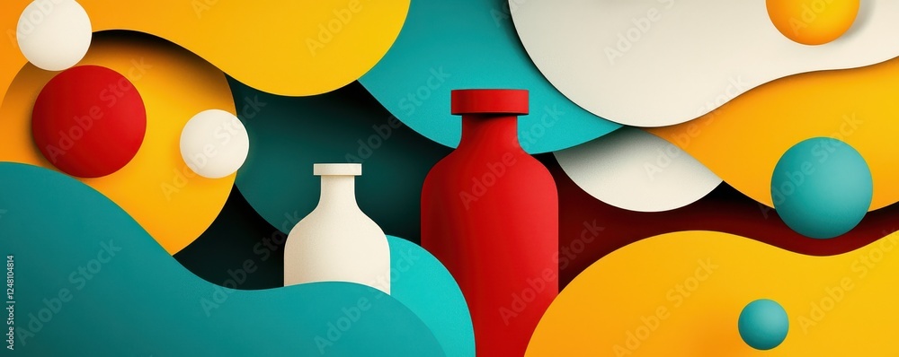 Poster colorful abstract background featuring vibrant shapes and stylized bottles in a playful arrangement.