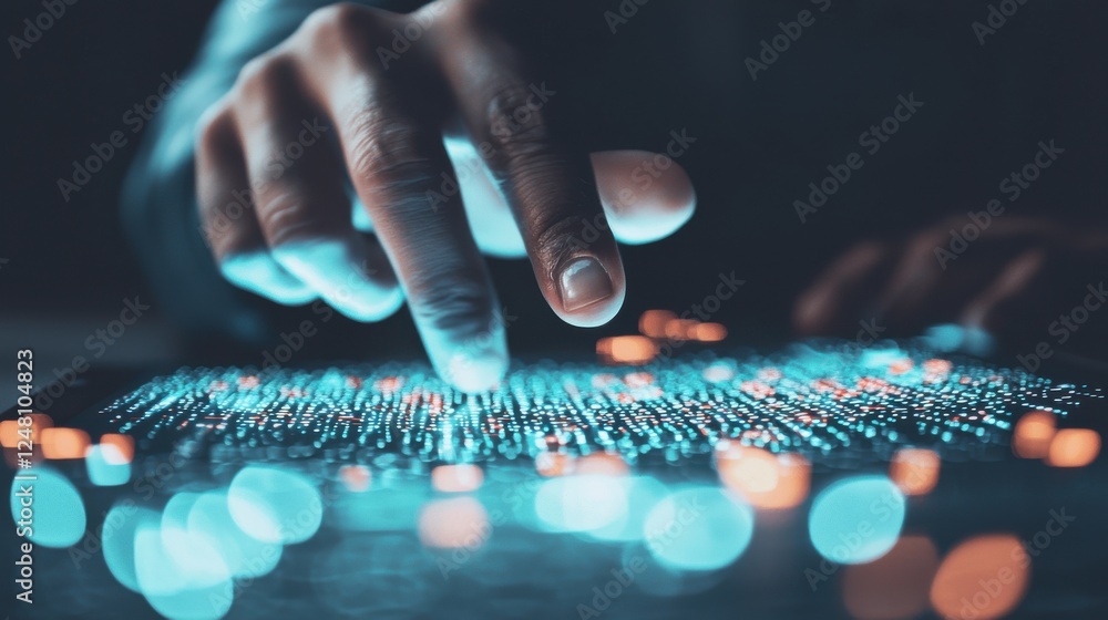 Poster futuristic digital interaction with touchscreen devices at night with abstract light elements