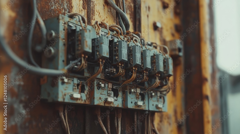 Aufkleber electrical panel with circuit breakers and intricate wiring, mounted on a rusty metal surface, illus