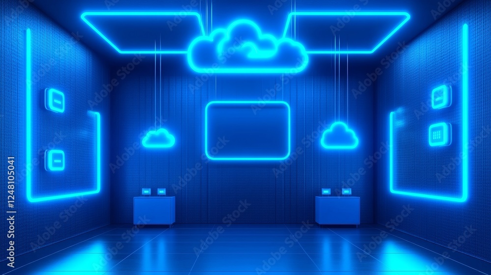 Poster futuristic neon cloud computing data center server room infrastructure
