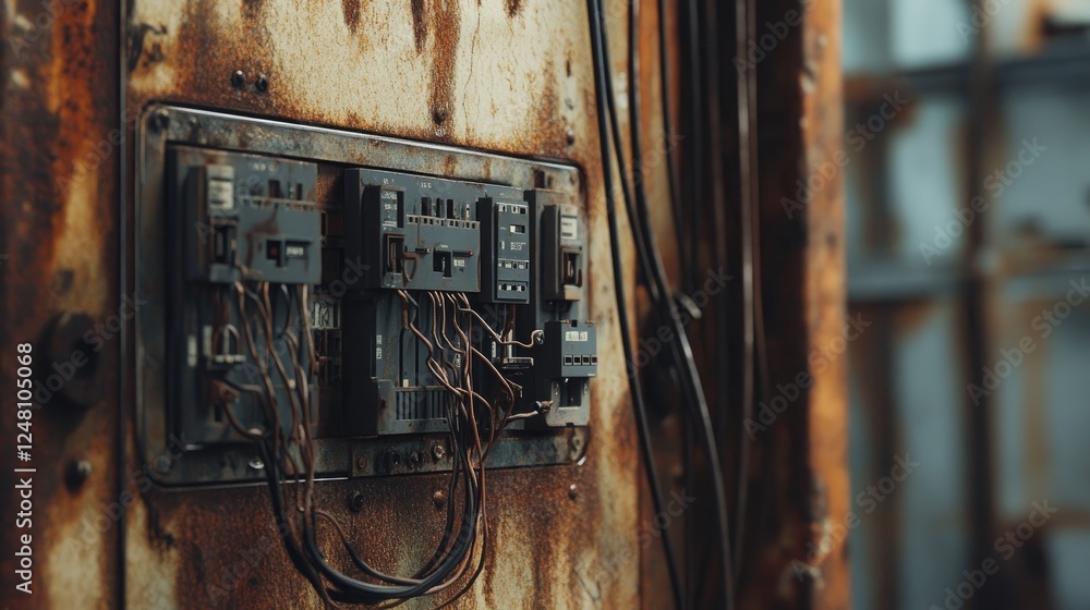Poster electrical panel with circuit breakers and intricate wiring, mounted on a rusty metal surface, illus