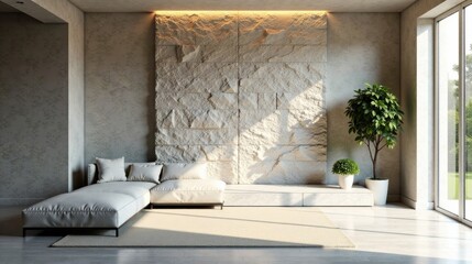 Modern Sectional Sofa in a Sunlit Room with Textured Stone Wall and Lush Greenery