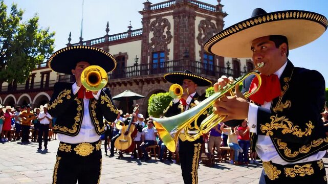 Energetic musicians play lively mariachi music in a bustling plaza filled with spectators. The sun shines down on the beautifully adorned historic building, enhancing the festive atmosphere.