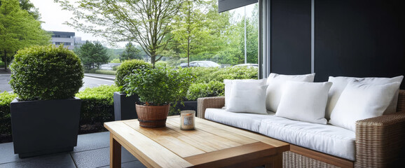 Cozy outdoor seating area with natural greenery at a modern location