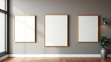 Empty picture frames on a gray wall in a modern interior