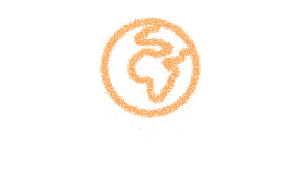 Icon globe africa is made of yellow grains of sand. Some grains of sand fall down. Transparent background. Black