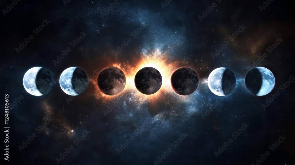Poster solar eclipse total and partial phase space vector. lunar ring cycle with different sun shine. 3d co