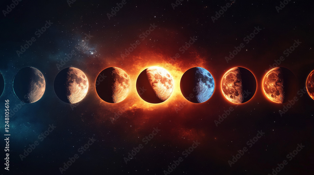 Poster solar eclipse total and partial phase space vector. lunar ring cycle with different sun shine. 3d co