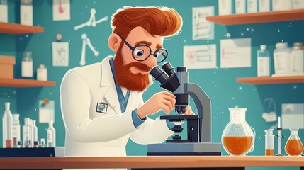 Curiosity Unveiled: An Illustration of a Scientist peering into a microscope, a testament to the spirit of discovery in a vibrant, lab setting.