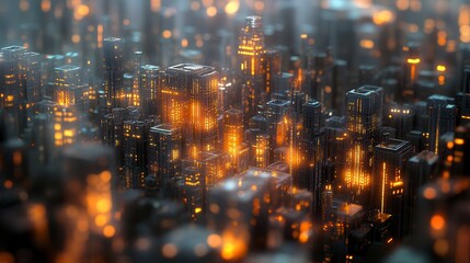 Fototapeta premium Glowing Futuristic Cityscape at Night Dark Metallic Buildings and Blurred Lights