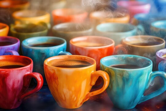 A colorful array of steaming coffee cups with modern shading and subtle textures.