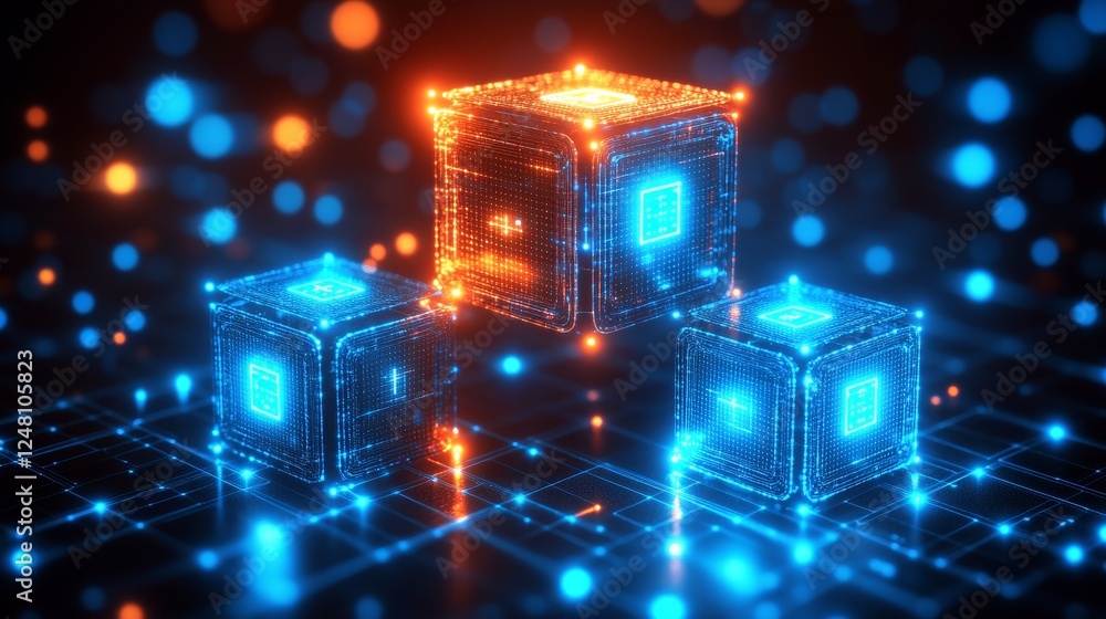 Poster abstract digital cubes network technology futuristic blockchain data processing system