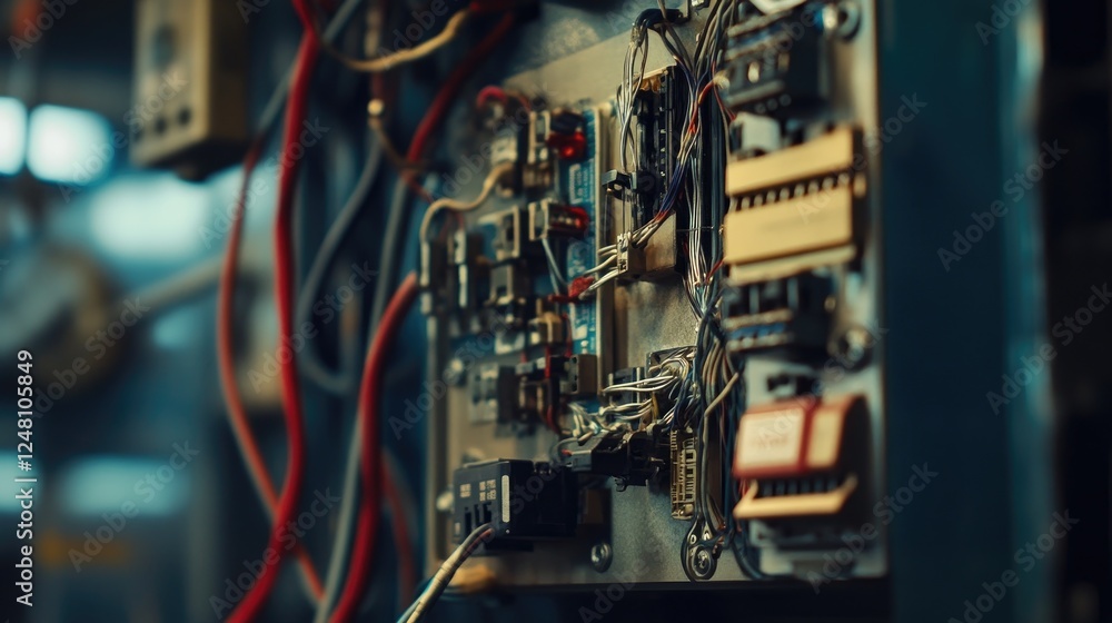 Poster a close-up of electrical components in an industrial cabinet, emphasizing the intricate wiring and t