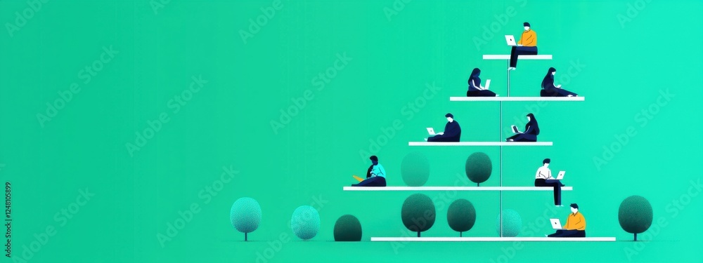 Poster diverse group working on laptops in a stylized tree-like structure against a vibrant green backgroun