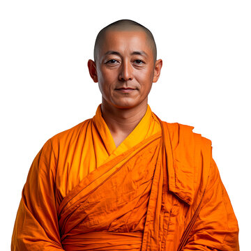 Buddhist monk in traditional orange robe isolated on transparent background
