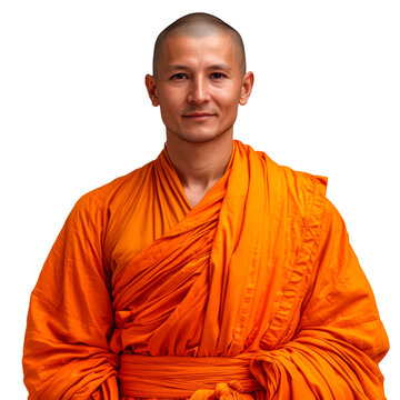 Buddhist monk in traditional orange robe isolated on transparent background