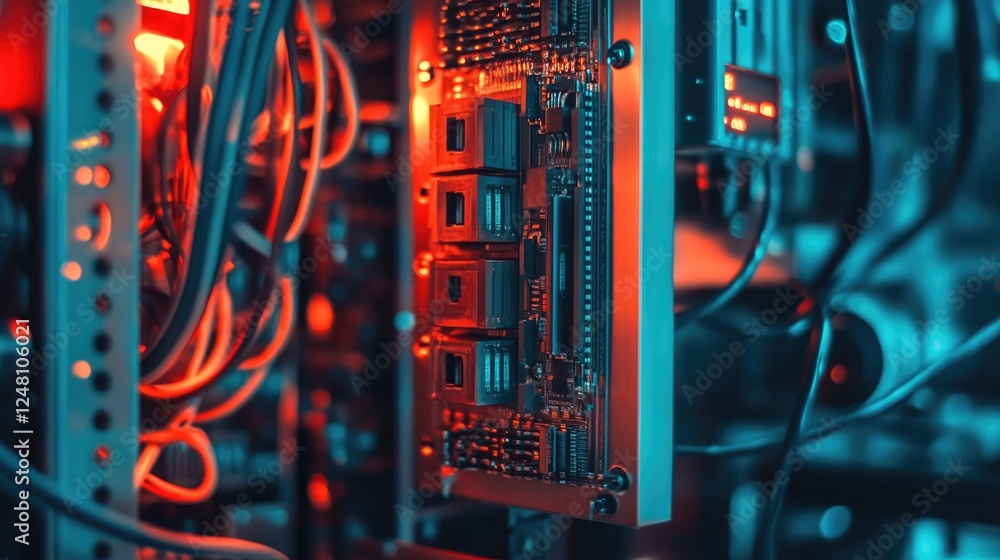 Poster a close-up of electrical components in an industrial cabinet, emphasizing the intricate wiring and t