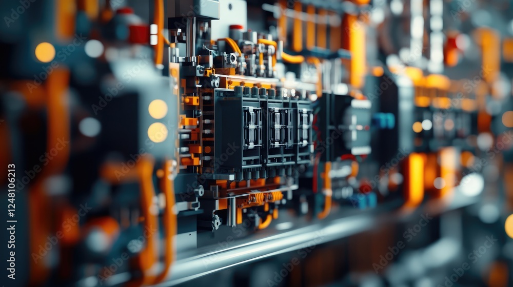 Poster A close-up of electrical relays and complex wiring in a factory, emphasizing the role of automation and precision control in modern industrial manufacturing processes.