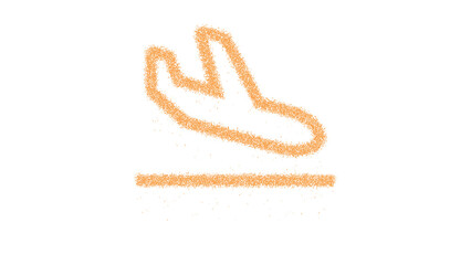 Icon plane arrival is made of yellow grains of sand. Some grains of sand fall down. Transparent background. Black