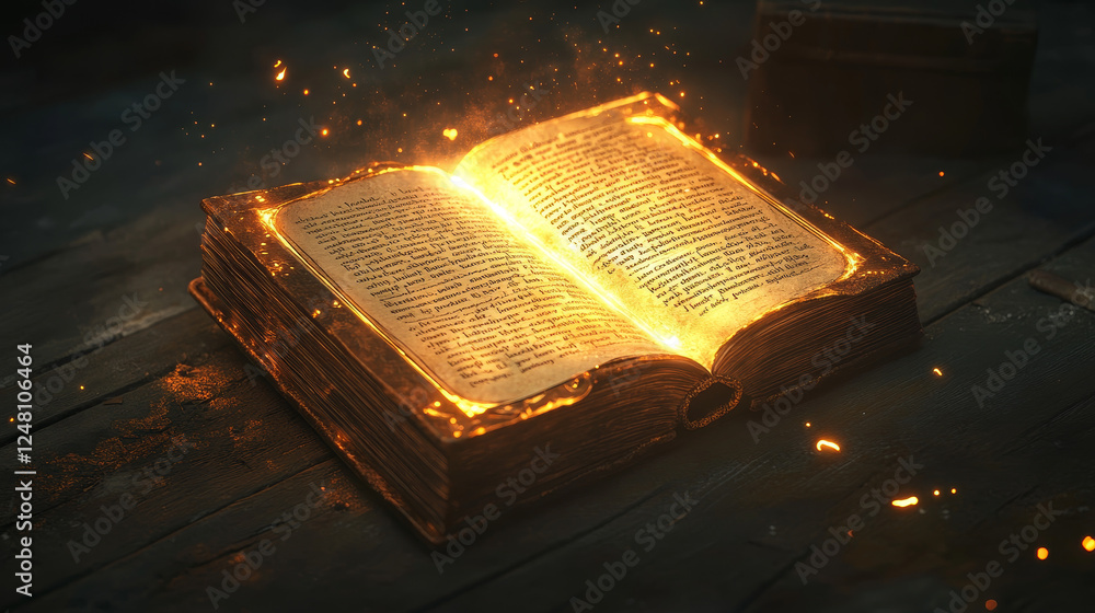 Poster magic spell books, fantasy alchemy grimoires, closed and open wizard diary with mysterious glow and 