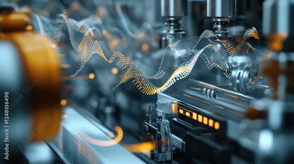 Poster A close-up of high-resolution cables and connectors linking machines, with visual data waveforms above, representing the continuous flow of information in modern industrial processes.