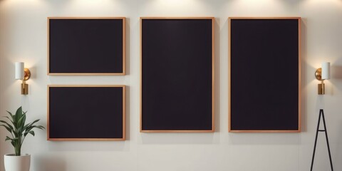 Modern minimalist interior featuring four blank framed artworks on a pale wall with wall sconces and a plant