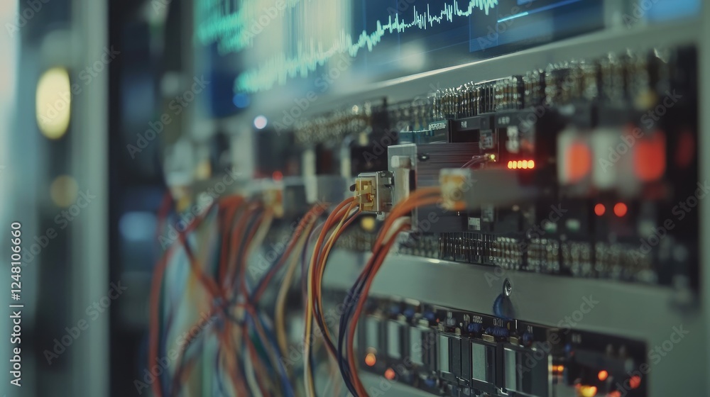 Poster A close-up of high-resolution cables and connectors linking machines, with visual data waveforms above, representing the continuous flow of information in modern industrial processes.