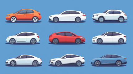 Modern cars, automobiles set. Auto collection, white, red and gray vehicles isolated on blue background. Vector cartoon illustration of passenger motor cars with sedan and hatchback cab
