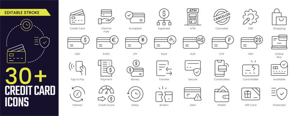 Credit Card Stroke icon collections. Containing payment, accepted, secure, money, contactless, ATM, wallet and more icons. Editable Stroke icon collection Outline icon