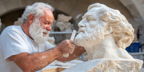 Craftsman concept An artist carves a detailed sculpture of a bearded man, showcasing craftsmanship and dedication in a workshop setting.