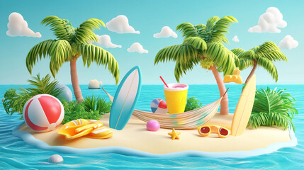 Obraz premium Summer beautiful beach scene Illustration scenic landscape, palm trees surround a tranquil river flowing through a sea beach, Summer Vacation Fun Holiday Relaxation Break Concept in beach background.