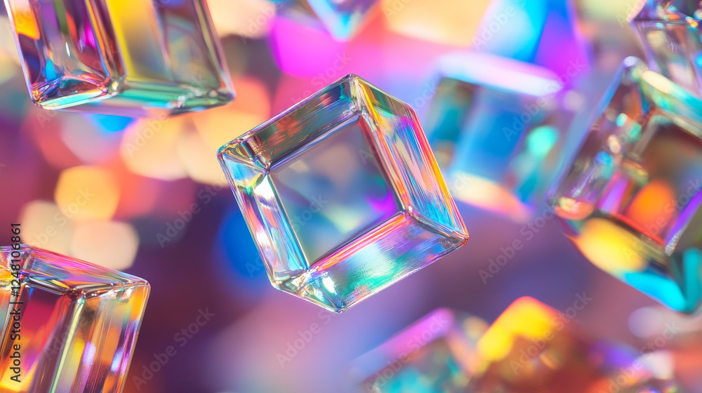 Poster 3d crystal glass texture shape with holographic gradient. isolated vector circle and square object s