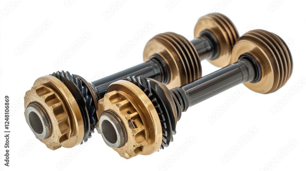 Poster two automotive camshafts with gears, designed for engine performance enhancement.