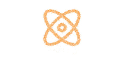 Icon atom is made of yellow grains of sand. Some grains of sand fall down. Transparent background. Black