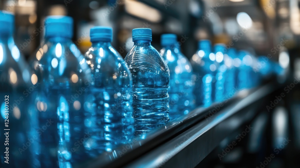 Poster a close-up of plastic bottles being transported on a conveyor belt inside a recycling plant, showcas