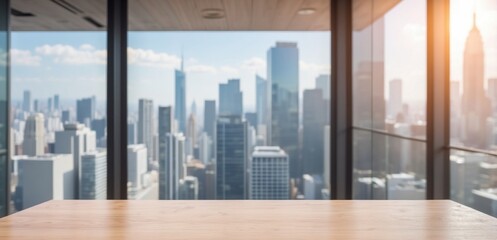 Wooden Table with a Scenic City Skyline View