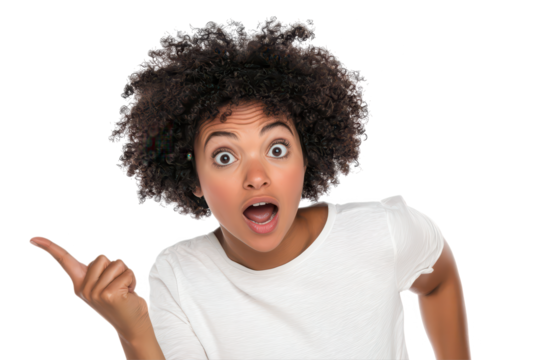 Surprised woman expressing excitement studio portrait bright background close-up emotion