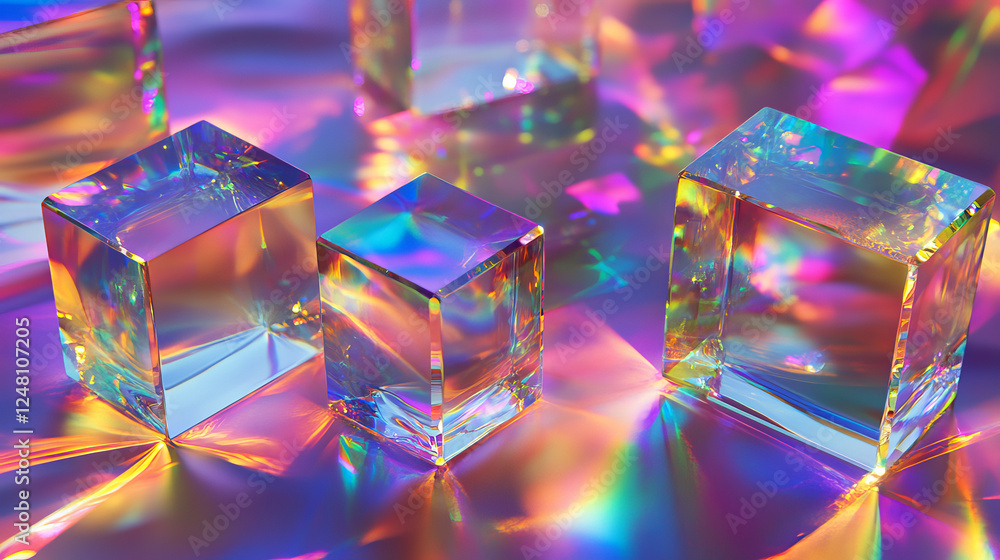 Poster 3d crystal glass texture shape with holographic gradient. isolated vector circle and square object s