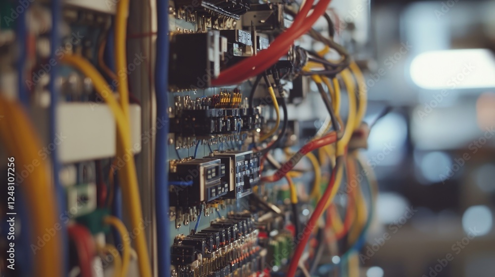 Aufkleber a close-up of electrical relays and complex wiring in a factory, emphasizing the role of automation 