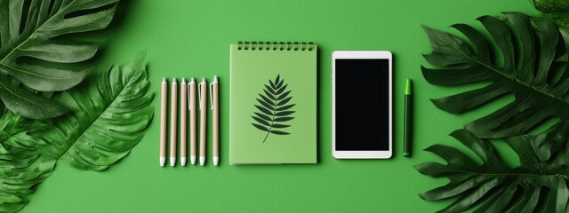 Flat Lay of Green Stationery and Devices on Vibrant Green Background with Tropical Leaves and Minimalist Design Elements