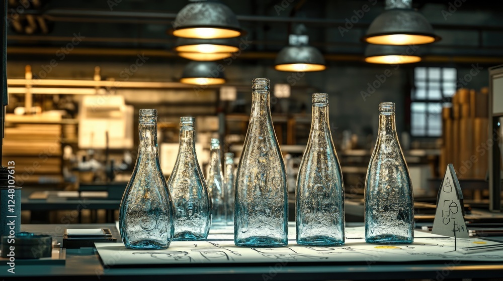 Poster a collection of glass bottles sparkling under factory lighting, showcasing their potential for reuse