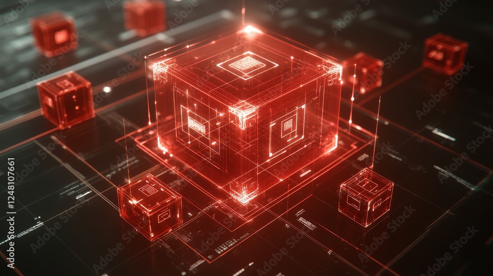 Poster abstract red digital cube network data technology innovation futuristic concept