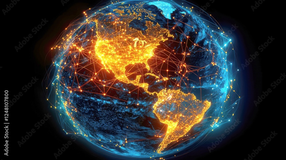 Poster global network: interconnected world, digital communication, and data visualization