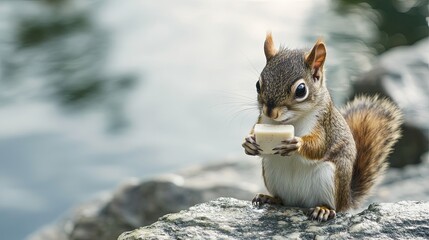 Fototapeta premium Curious squirrel holding a small soap bar on a smooth stone slab, blank area above for text