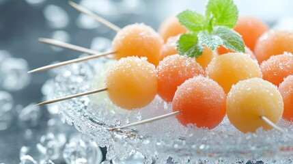 Chilled melon balls skewered on toothpicks, presented on a frosty glass plate